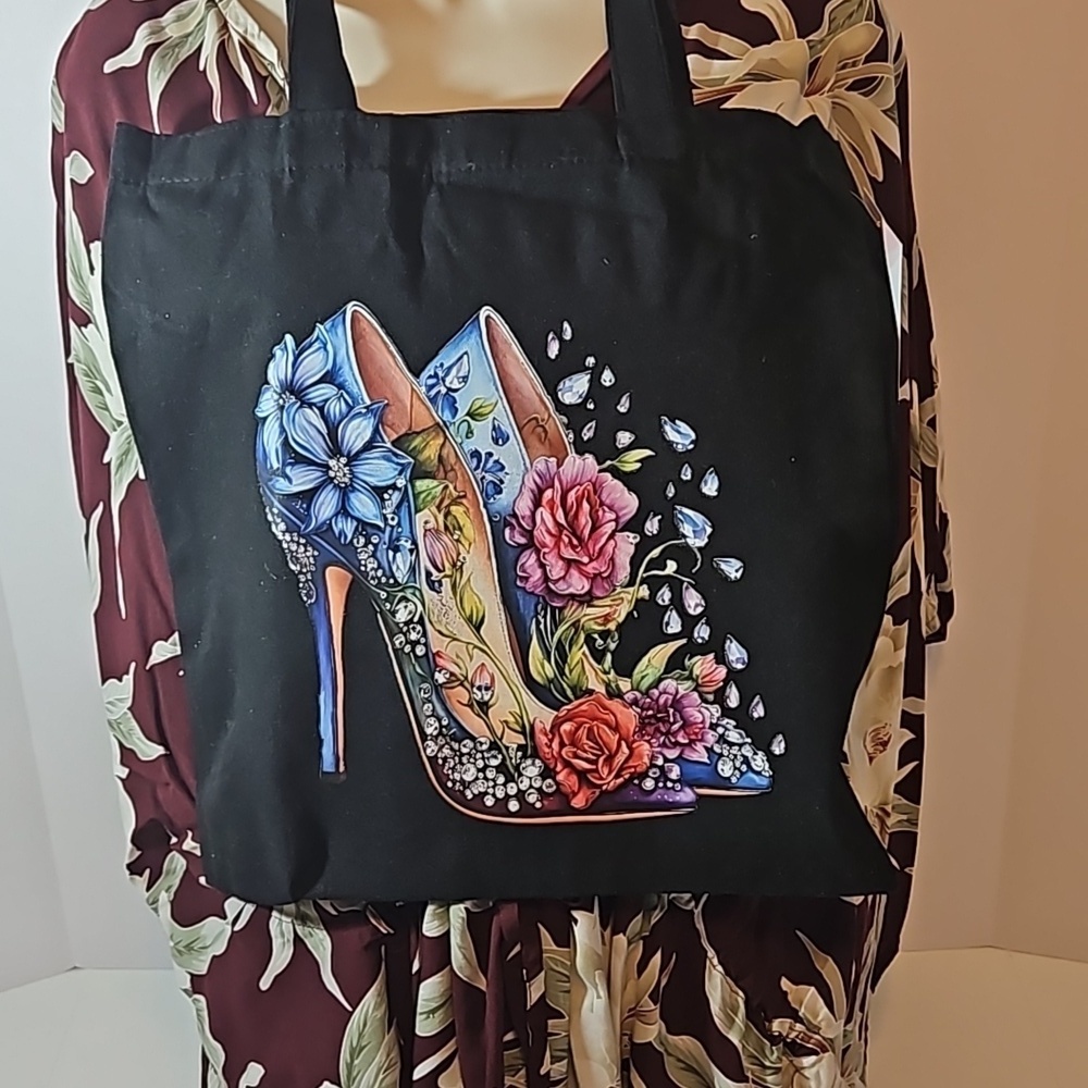 Hand Crafted Reusable Black Canvas Tote Bag 100% Cotton Floral Blue Heels 13x13" - Picture 14 of 17